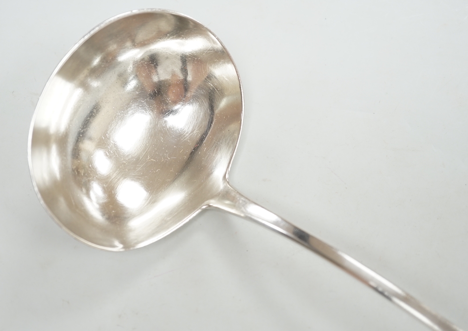 A late George III silver Old English pattern soup ladle, Hougham, Royes & Dix, London,1817, 32.5cm, 6oz.